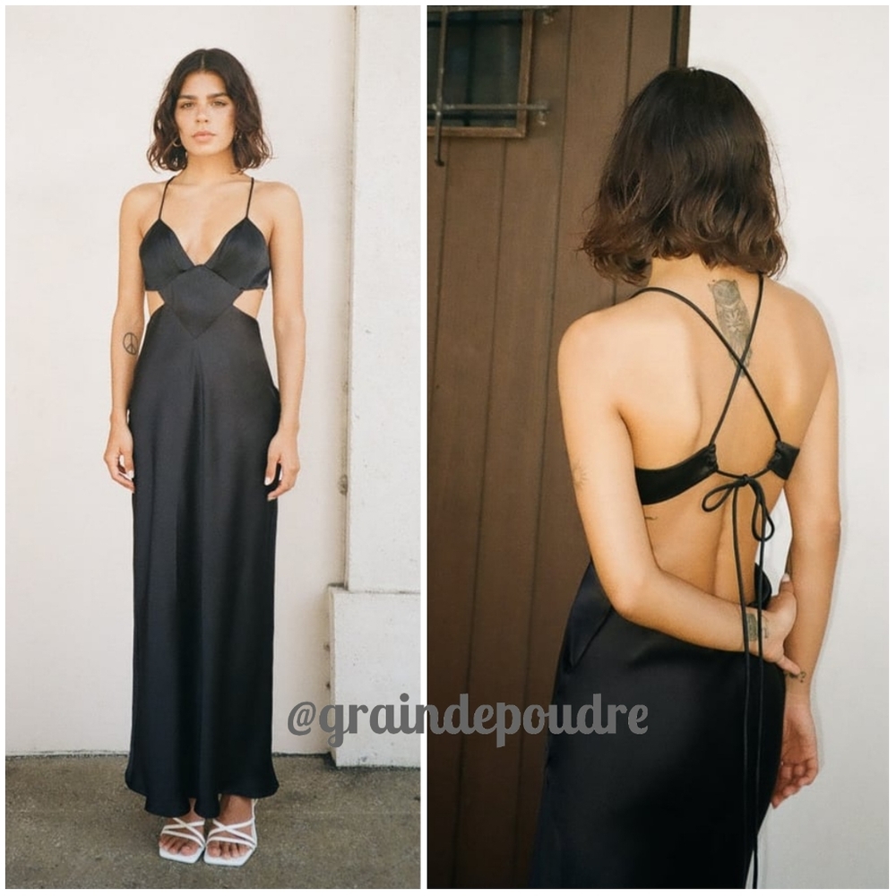 Rare! Zara Black Satin Diamond Cut Out Strappy Slip Dress XXL